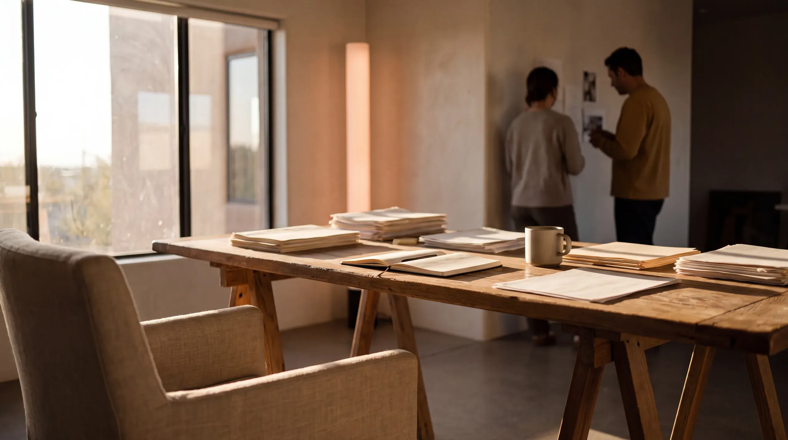 A quiet desert-modern workroom in late afternoon light